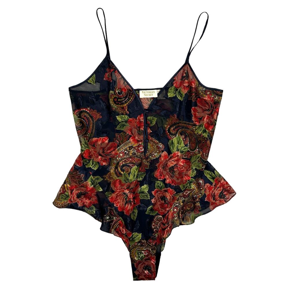 Victoria Secret Size M Floral Satin Sheer Teddy Bodysuit Ruffled Gold Label Vtg